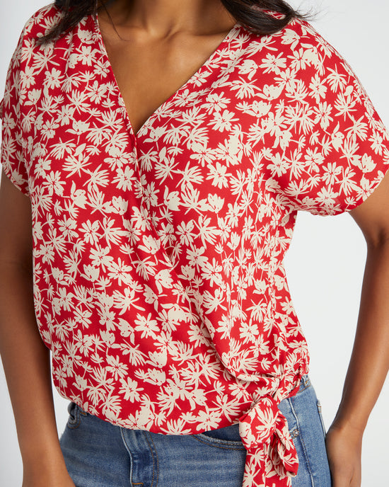 Red/White $|& West Kei Floral Woven Short Sleeve Surplice Top - SOF Detail
