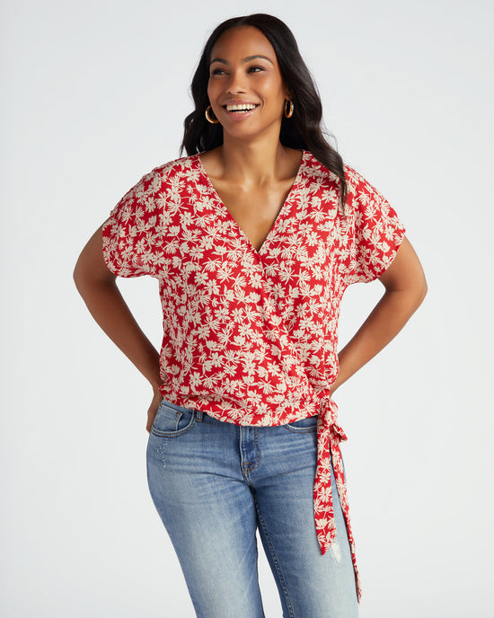 Red/White $|& West Kei Floral Woven Short Sleeve Surplice Top - SOF Front