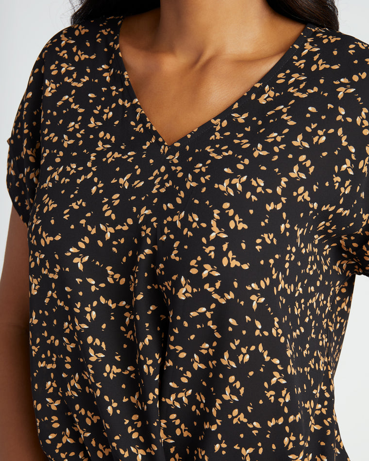 Blk/Tan Dots $|& West Kei Printed Woven Short Sleeve Twist Front Top - SOF Detail