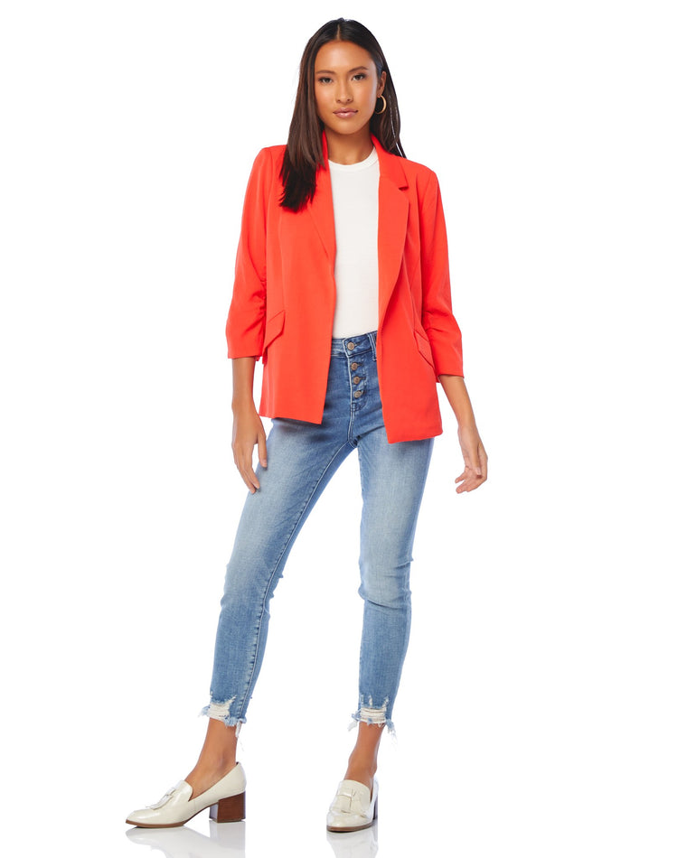 Bright Coral $|& Skies Are Blue Shirred Sleeve Blazer - SOF Full Front