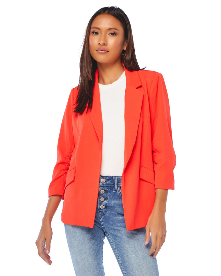 Bright Coral $|& Skies Are Blue Shirred Sleeve Blazer - SOF Front