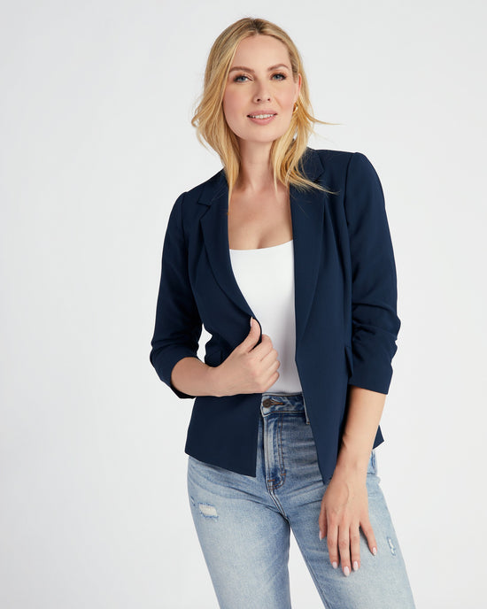 Navy $|& Skies Are Blue Shirred Sleeve Blazer - SOF Front