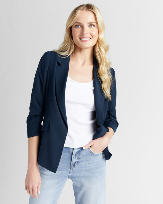 Navy $|& Skies Are Blue Shirred Sleeve Blazer - SOF Front