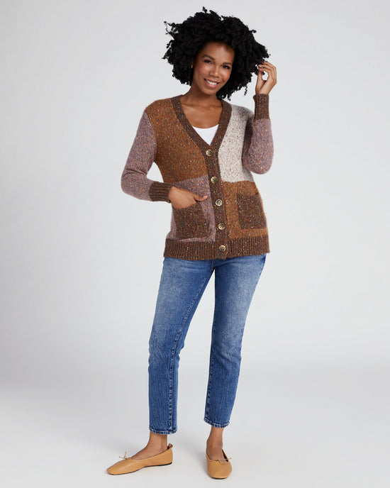 Mauve Chocolate $|& Lush Button Front Colorblock Cardigan - SOF Full Front