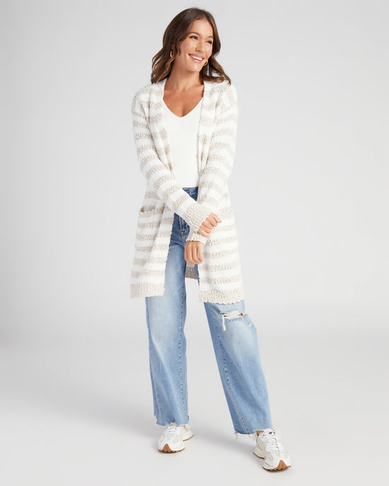 Ivory/Taupe $|& B Collection by Bobeau Striped Popcorn Cardigan - SOF Full Front