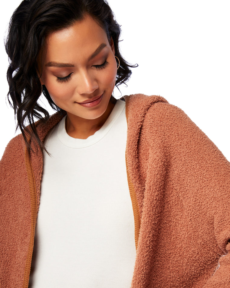 Camel $|& Be Cool Fuzzy Hooded Open Cardigan - SOF Detail