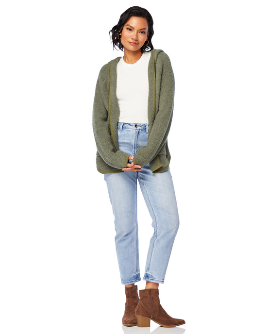 Olive $|& Be Cool Fuzzy Hooded Open Cardigan - SOF Full Front