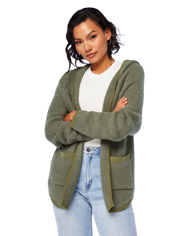 Olive $|& Be Cool Fuzzy Hooded Open Cardigan - SOF Front
