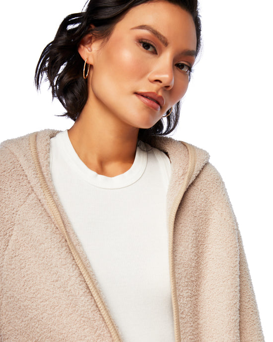 Taupe $|& Be Cool Fuzzy Hooded Open Cardigan - SOF Detail