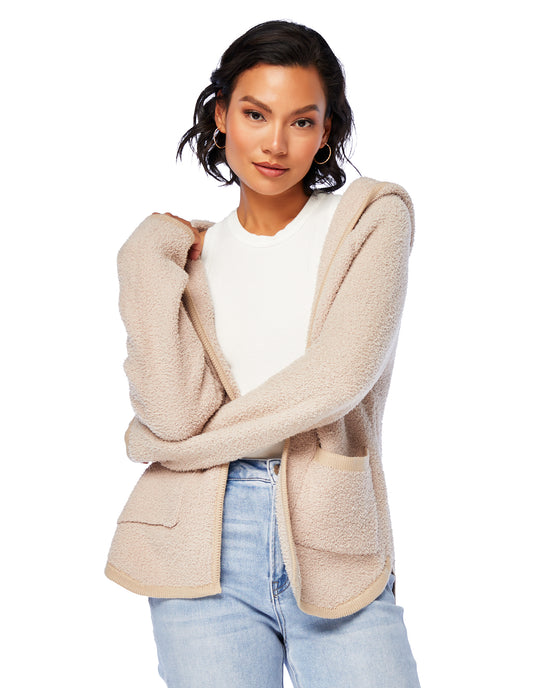 Taupe $|& Be Cool Fuzzy Hooded Open Cardigan - SOF Front