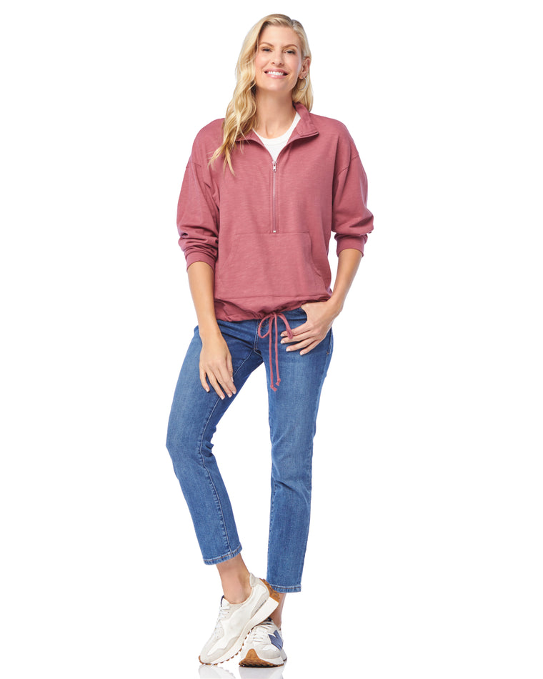 Mauve $|& Vanilla Bay Quarter Zip French Terry Knit Top with Drawstring - SOF Full Front