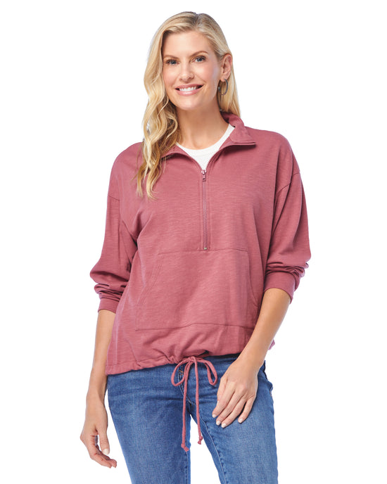 Mauve $|& Vanilla Bay Quarter Zip French Terry Knit Top with Drawstring - SOF Front