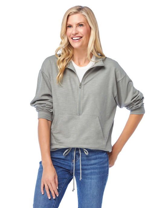 Green $|& Vanilla Bay Quarter Zip French Terry Knit Top with Drawstring - SOF Front