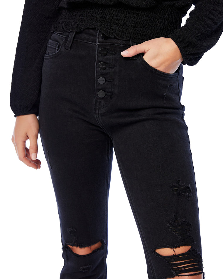 Black $|& Ceros Jeans High Rise Button Fly Skinny - SOF Detail