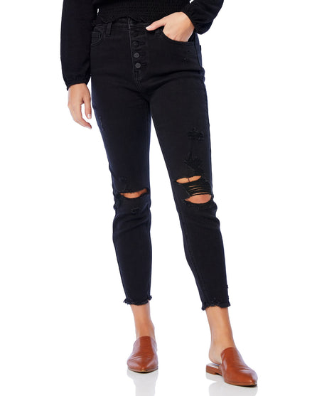 Black Wash Distressed Button Fly Skinny Jeans