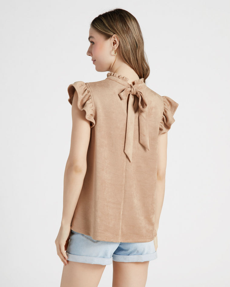 Taupe Beige $|& VOY Los Angeles Suede Ruffle Sleeve Top - SOF Back