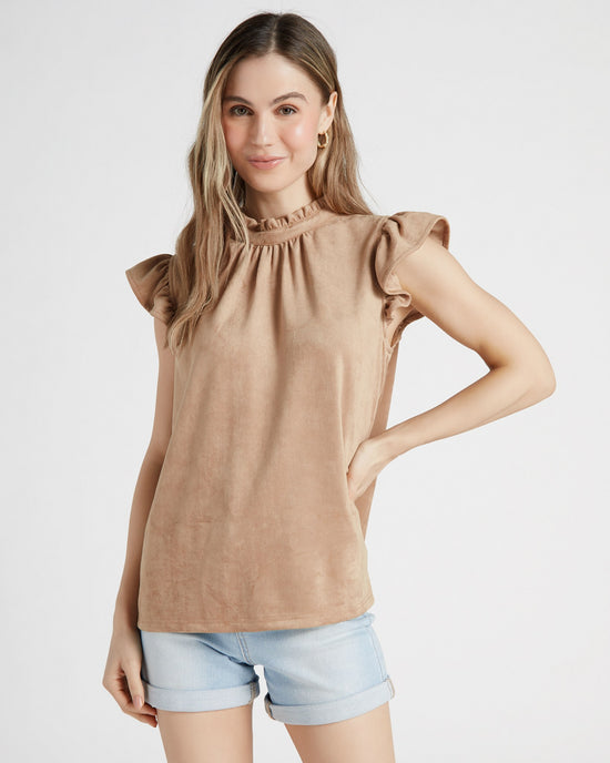 Taupe Beige $|& VOY Los Angeles Suede Ruffle Sleeve Top - SOF Front