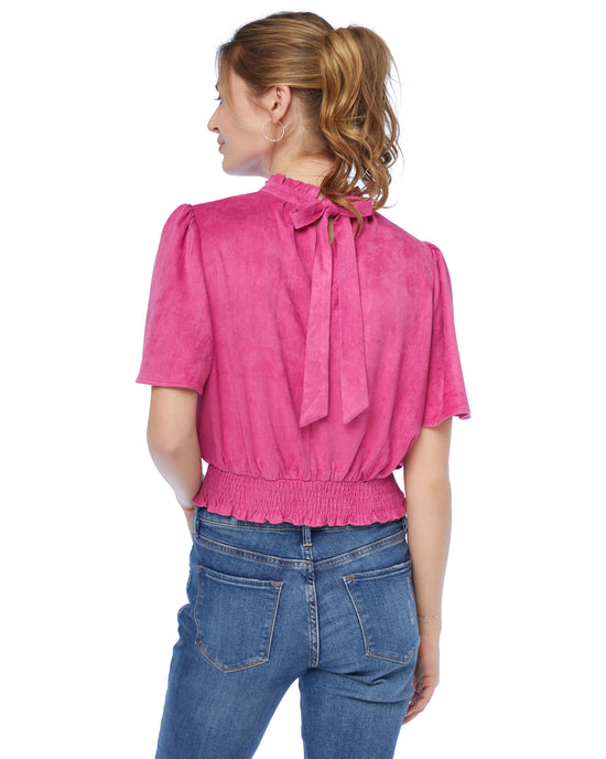 Pink Pink $|& VOY Los Angeles Short Sleeve Smocked Waist Solid Velvet Top - SOF Back