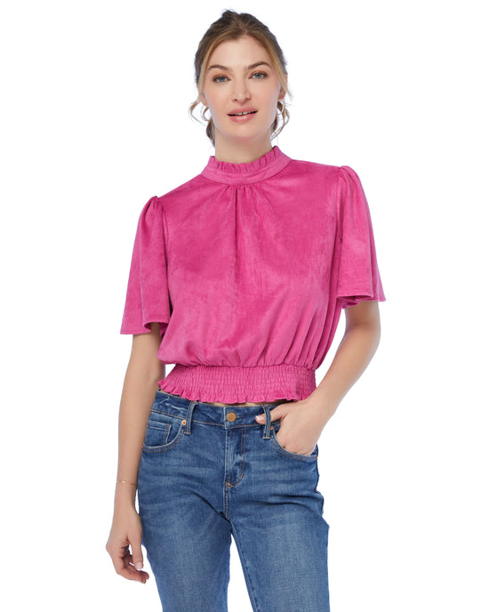 Pink Pink $|& VOY Los Angeles Short Sleeve Smocked Waist Solid Velvet Top - SOF Front