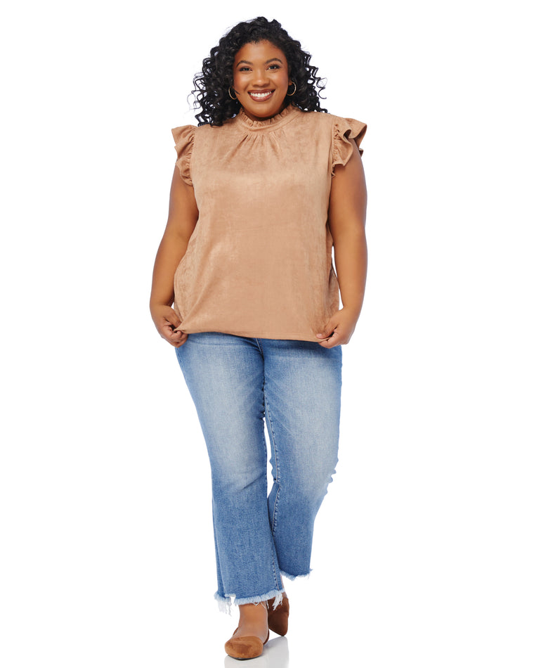Taupe Taupe $|& VOY Los Angeles Suede Ruffle Sleeve Top - SOF Full Front