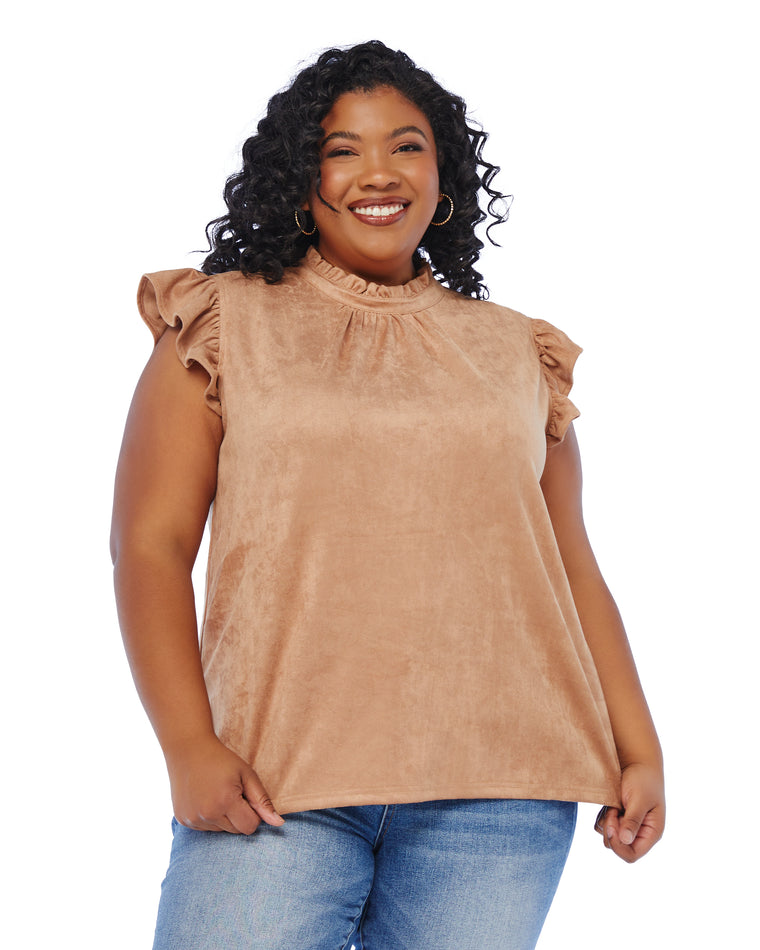 Taupe Taupe $|& VOY Los Angeles Suede Ruffle Sleeve Top - SOF Front