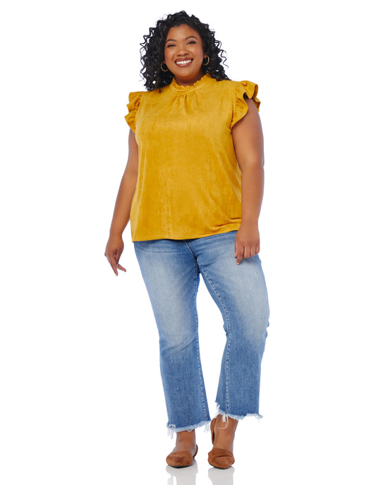 Mustard Yellow $|& VOY Los Angeles Suede Ruffle Sleeve Top - SOF Full Front