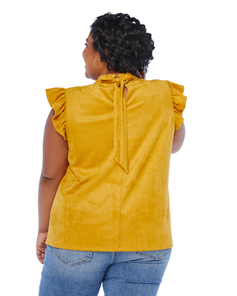 Mustard Yellow $|& VOY Los Angeles Suede Ruffle Sleeve Top - SOF Back