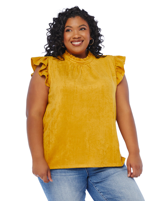 Mustard Yellow $|& VOY Los Angeles Suede Ruffle Sleeve Top - SOF Front