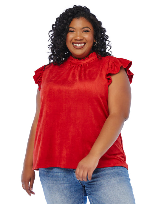 Rust Red $|& VOY Los Angeles Suede Ruffle Sleeve Top - SOF Front