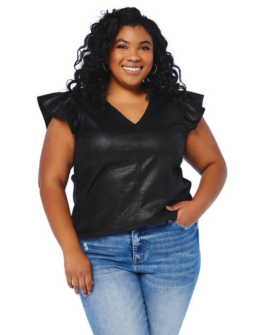 Black Black $|& VOY Los Angeles Faux Leather V-Neck Ruffle Top - SOF Front