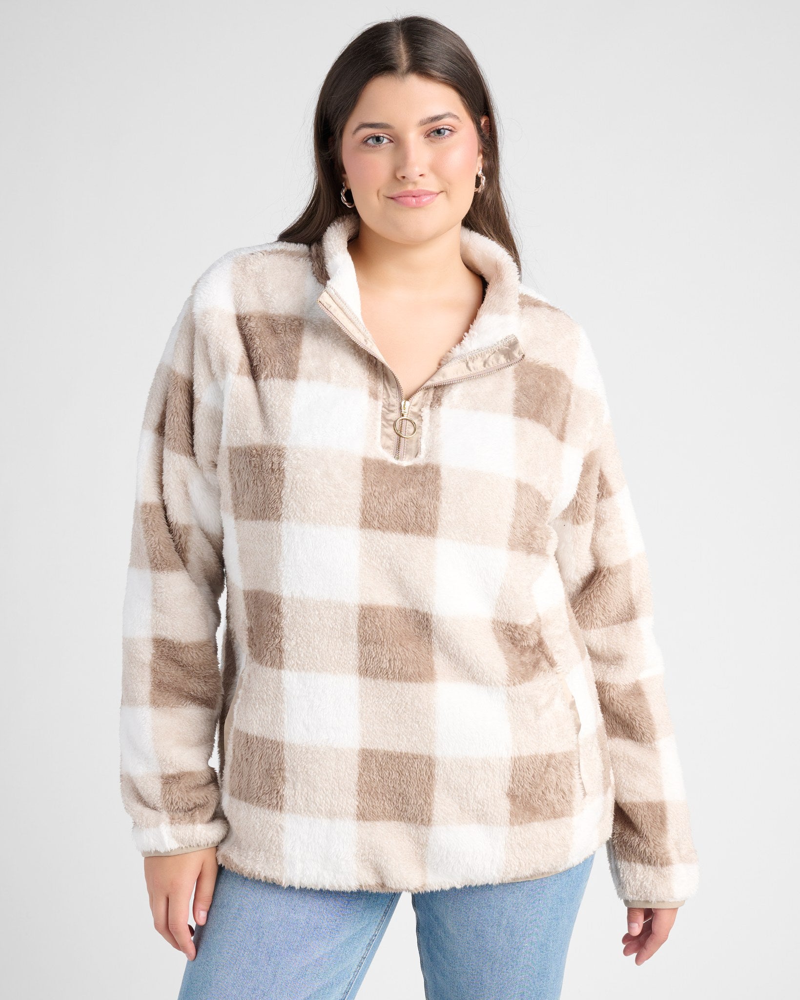 Mocha $|& Vanilla Bay Gingham Check Sherpa Half Zip - SOF Front