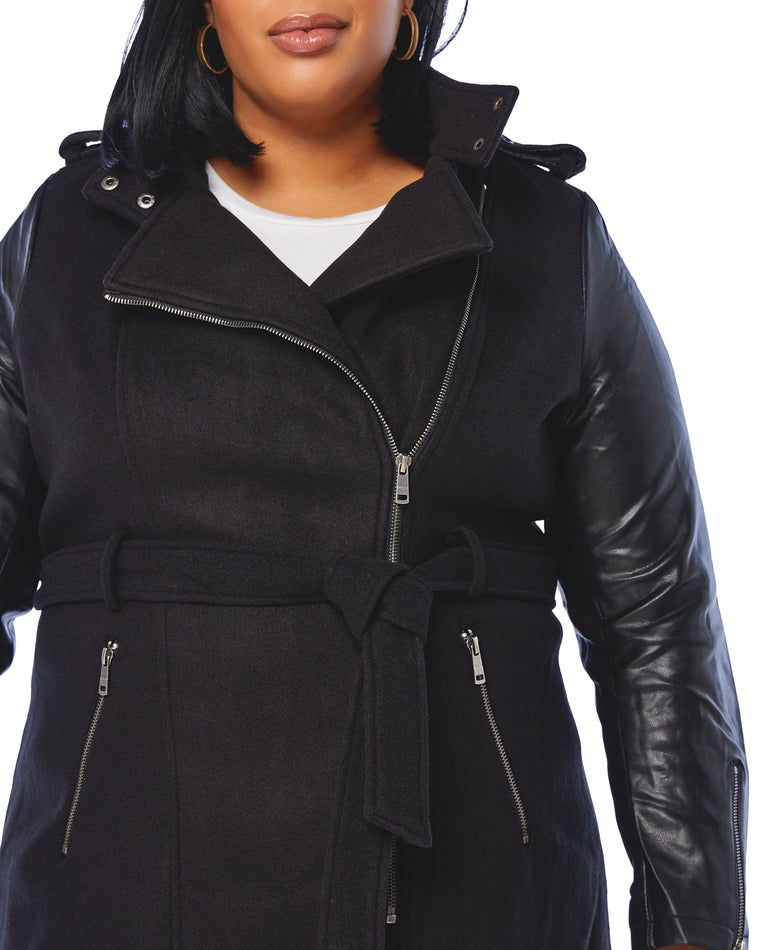 Black $|& Coalition Belted Vegan Wool and Leather Coat - SOF Detail