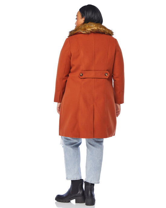 Rust Orange $|& Coalition Long Vegan Wool Coat with Removable Faux Fur Trim - SOF Back