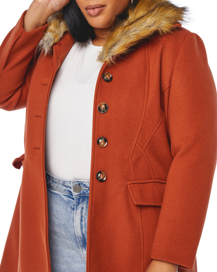 Rust Orange $|& Coalition Long Vegan Wool Coat with Removable Faux Fur Trim - SOF Detail