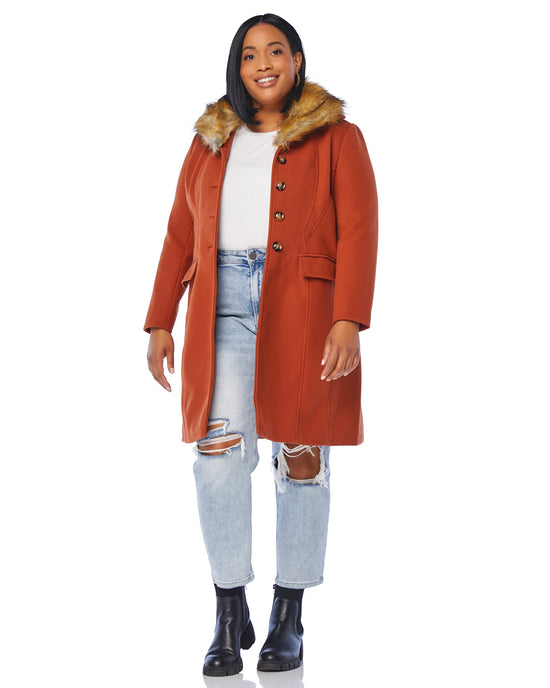 Rust Orange $|& Coalition Long Vegan Wool Coat with Removable Faux Fur Trim - SOF Front