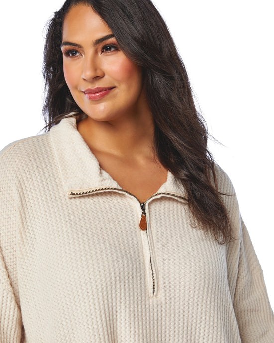 Beige $|& Kori America Brushed Knit Qrt Zip  Top withPockets - SOF Detail