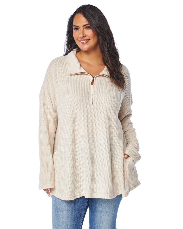 Beige $|& Kori America Brushed Knit Qrt Zip  Top withPockets - SOF Front