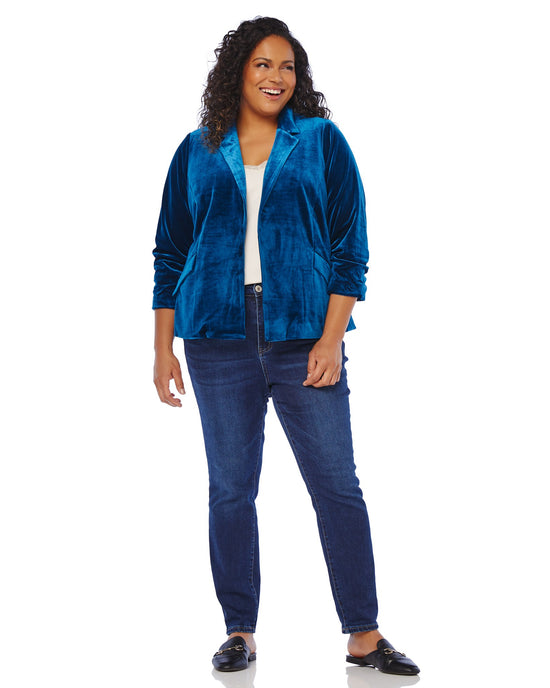 Teal Turquoise $|& Skies Are Blue Ruched Sleeve Velvet Blazer - SOF Full Front