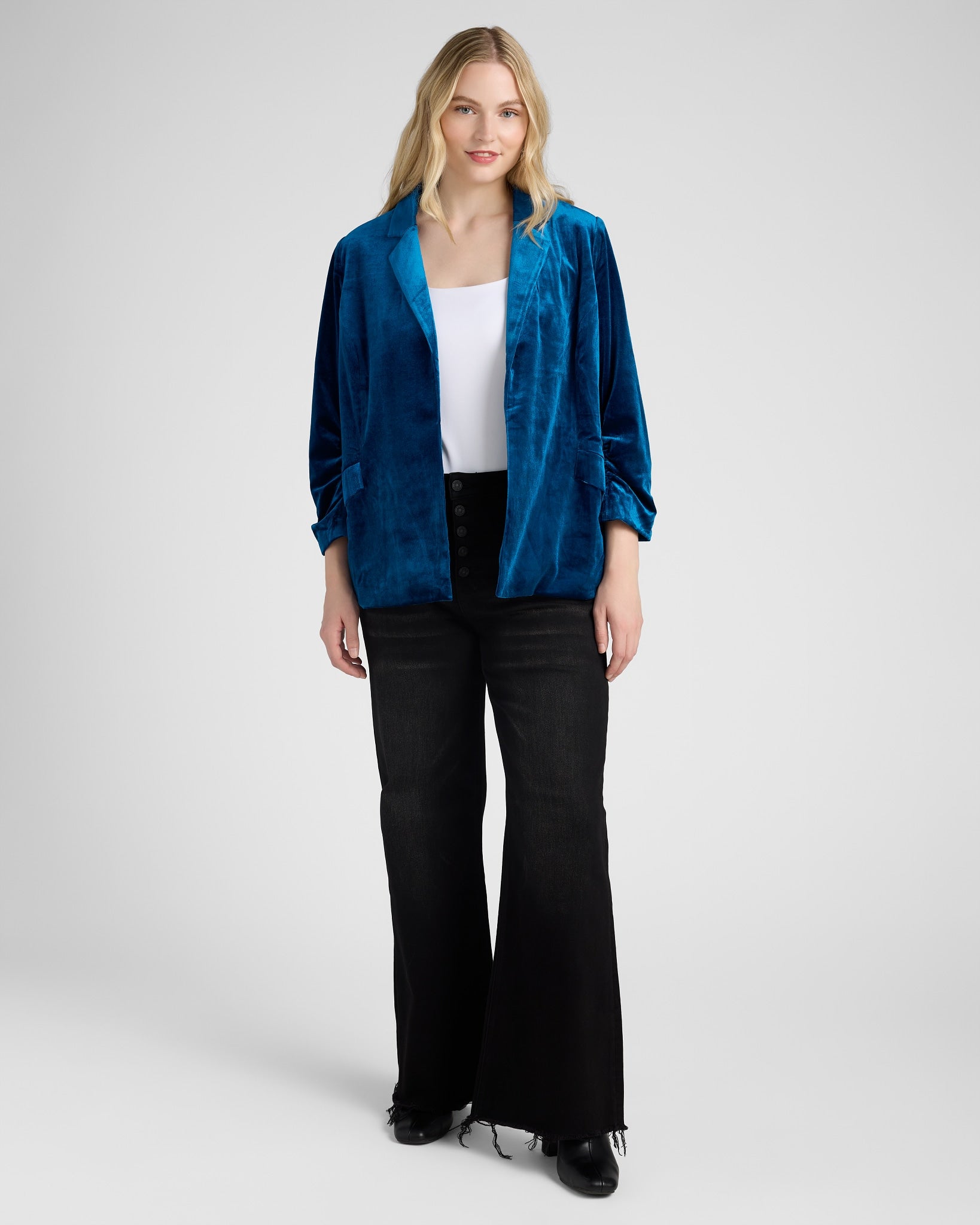 Teal $|& Skies Are Blue Ruched Sleeve Velvet Blazer - SOF Full Front