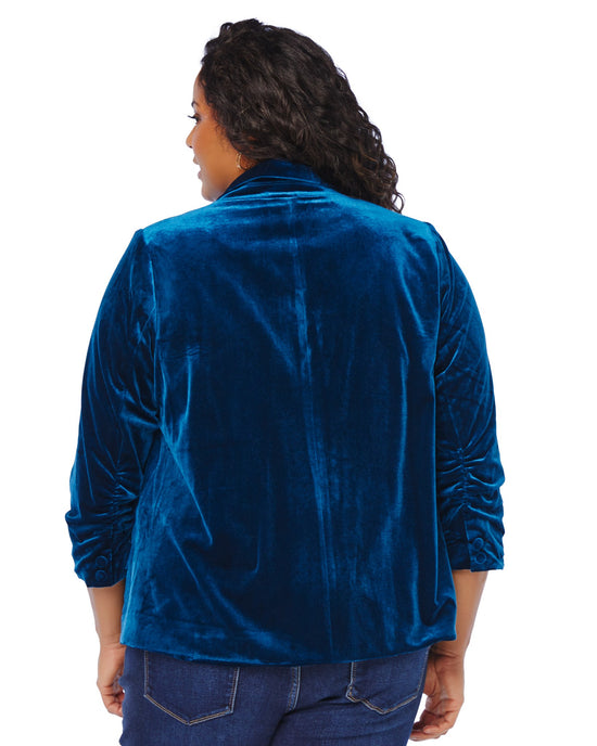 Teal Turquoise $|& Skies Are Blue Ruched Sleeve Velvet Blazer - SOF Back