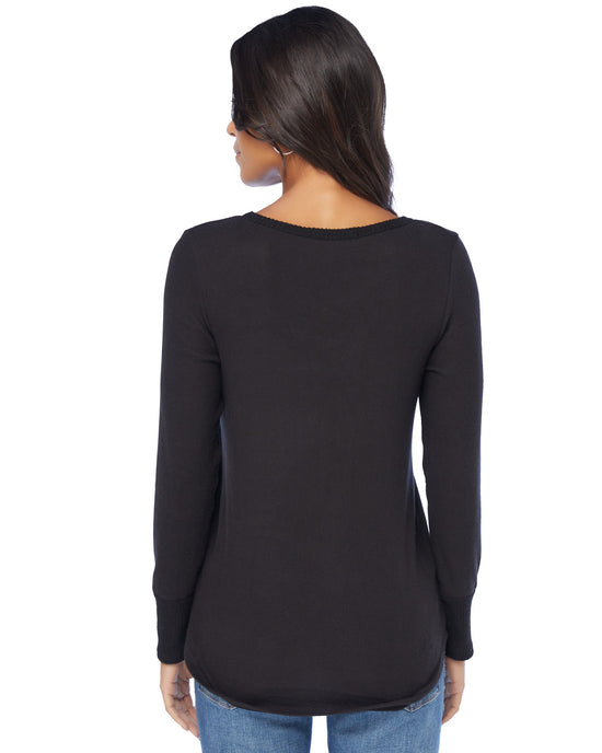 Black $|& W. by Wantable Long Sleeve Brushed Hacci V-Neck Top - SOF Back