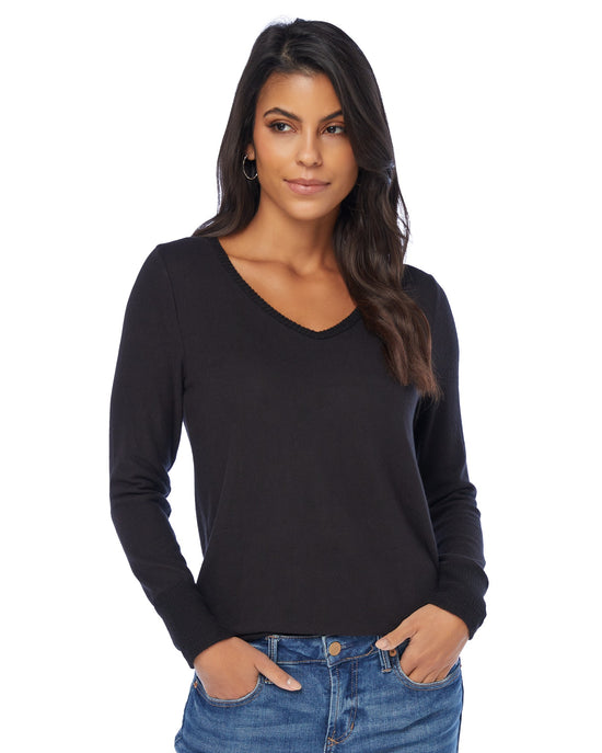 Black $|& W. by Wantable Long Sleeve Brushed Hacci V-Neck Top - SOF Front