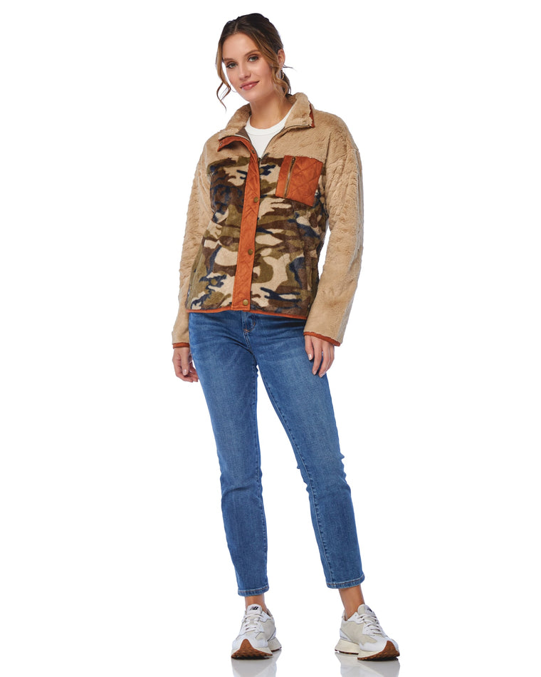 Taupe/Camo $|& Mystree Zip Pocket Faux Fur Jacket - SOF Full Front