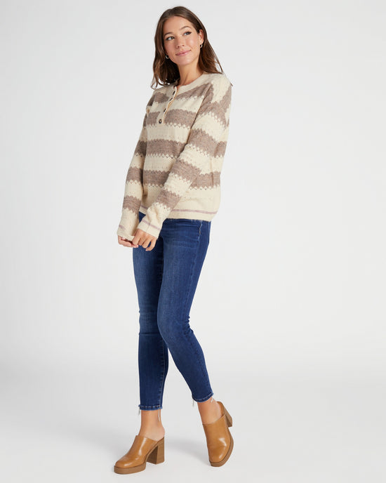 Taupe Taupe $|& Hem & Thread Half Placket Stripe Brushed Sweater - SOF Full Front