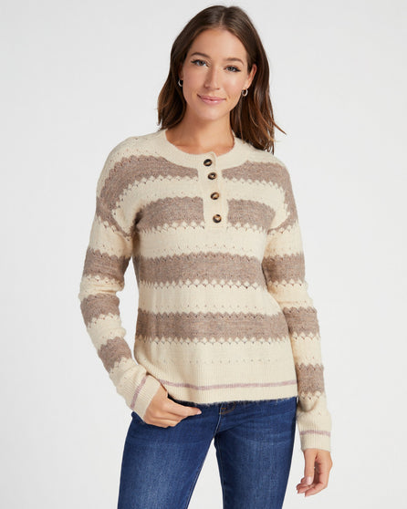 Half Placket Stripe Brushed Sweater