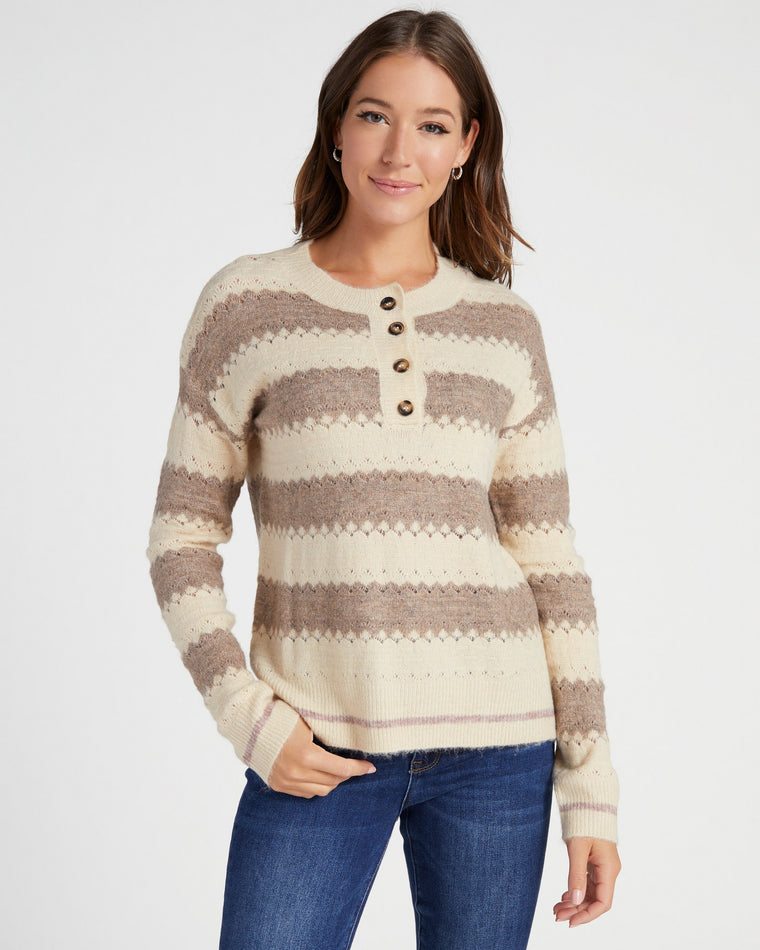 Taupe Taupe $|& Hem & Thread Half Placket Stripe Brushed Sweater - SOF Front