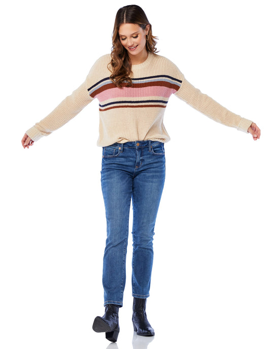 Taupe/Multi $|& Hem & Thread Boyfriend Stripe Sweater - SOF Full Front
