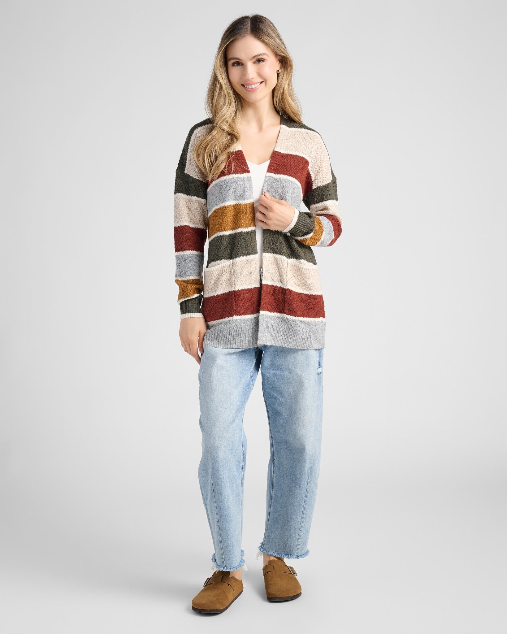 Olive/Oatmeal $|& Staccato Open Front Colorblock Cardigan - SOF Full Front