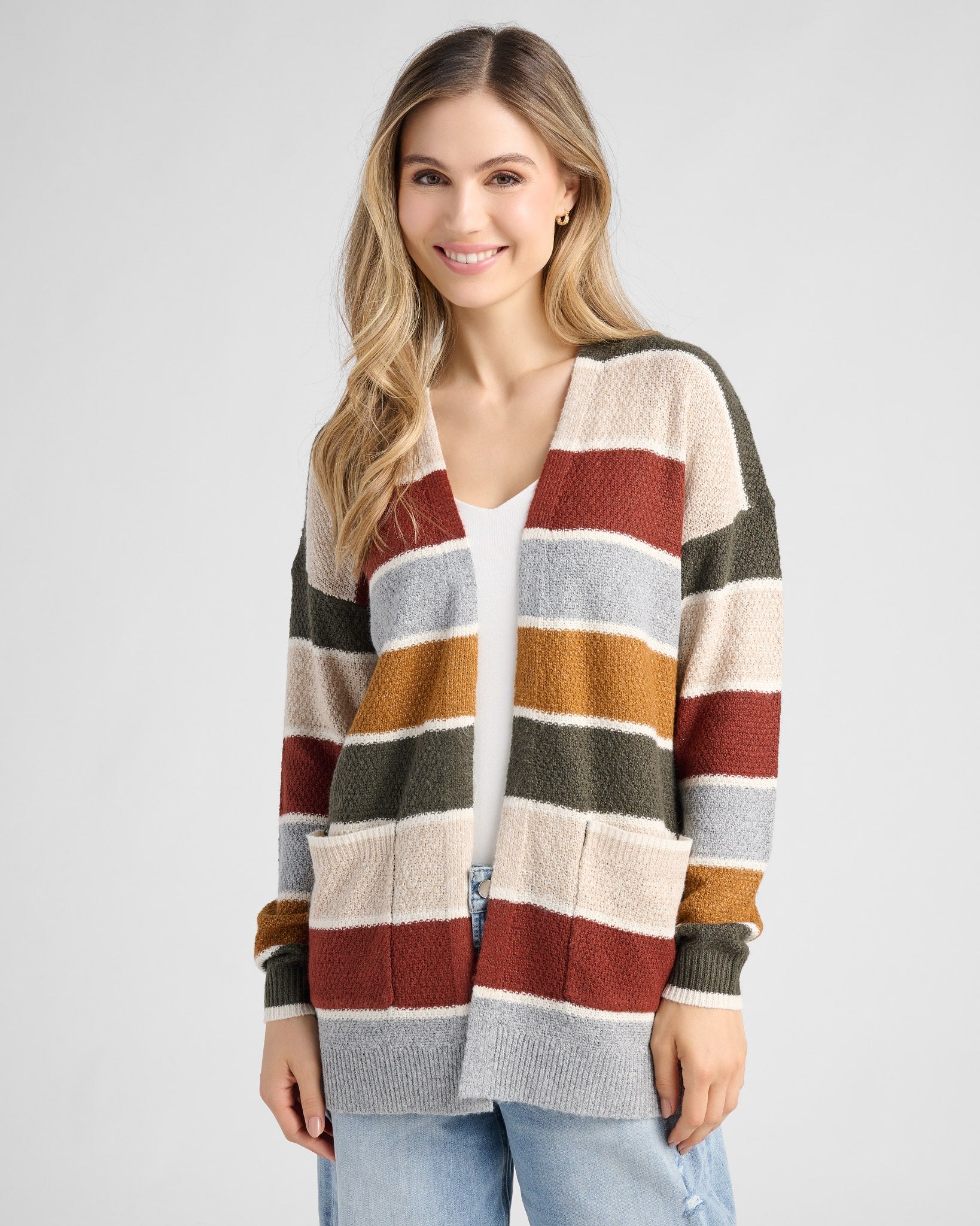 Olive/Oatmeal $|& Staccato Open Front Colorblock Cardigan - SOF Front