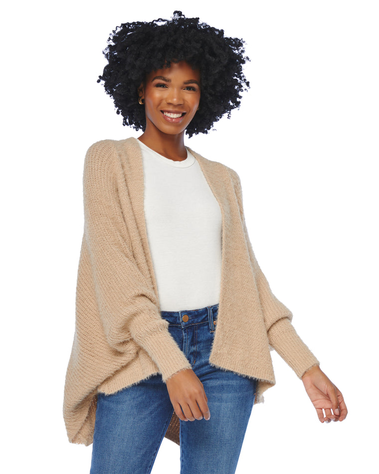 Taupe $|& Staccato Oversized Dolman Sleeve Fuzzy Yarn Cardigan - SOF Front